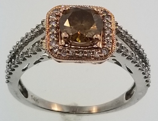 Cognac diamond cushion halo ring with rose gold